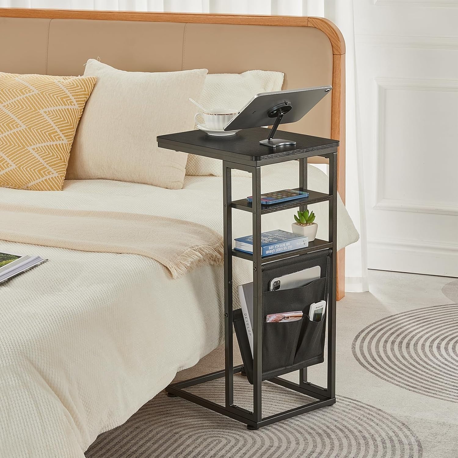 Black C-Shaped End Table 3-Tier Slim Side Table with Storage Bag for Sofa