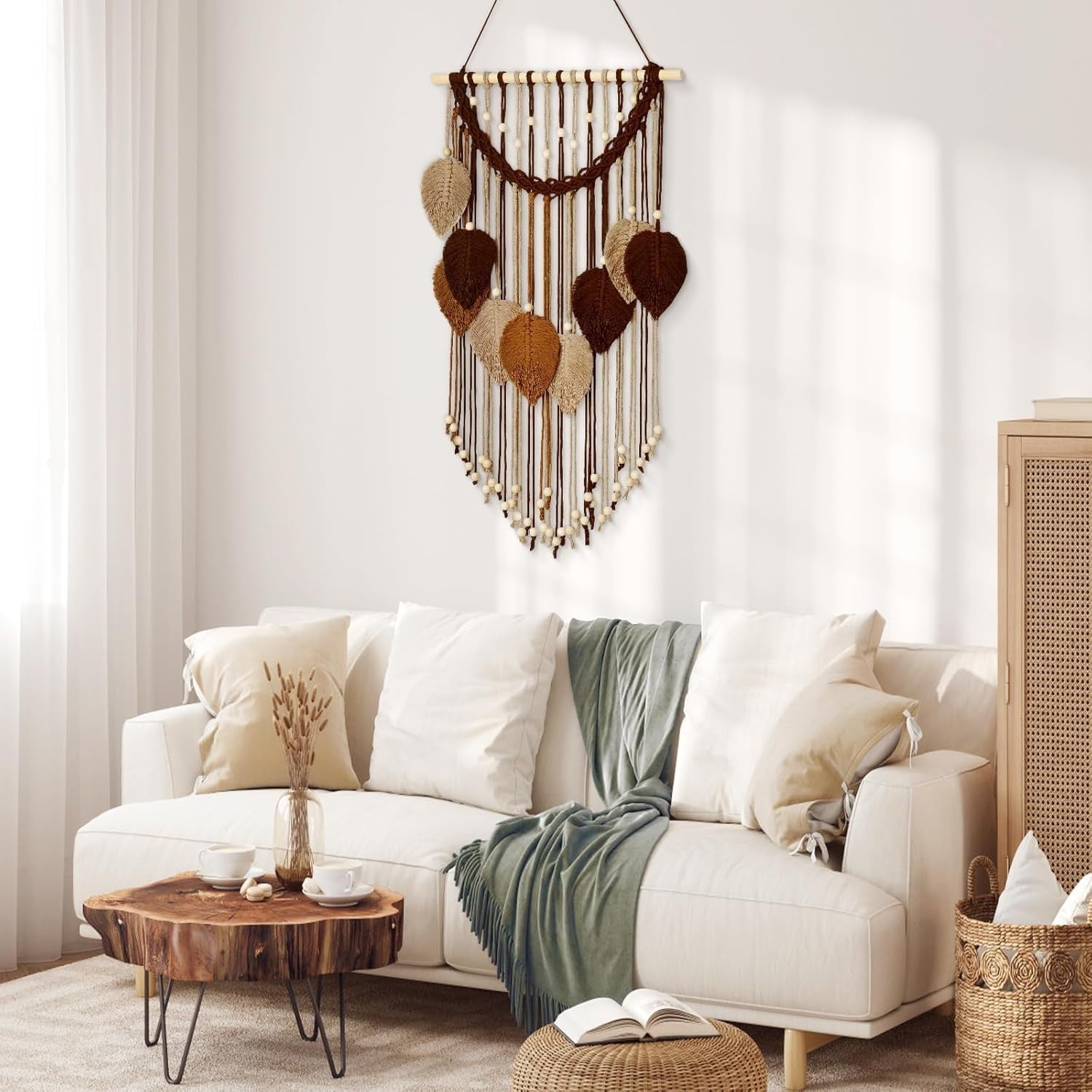 Macrame Wall Hanging Boho Leaf Woven Decor Khaki Brown