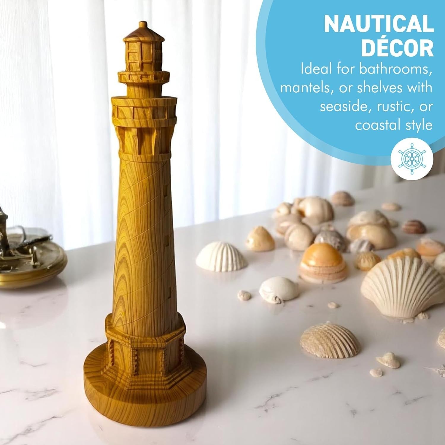 Coastal Lighthouse Ornament 23cm Wood Effect Nautical Home Decor Seaside Statue