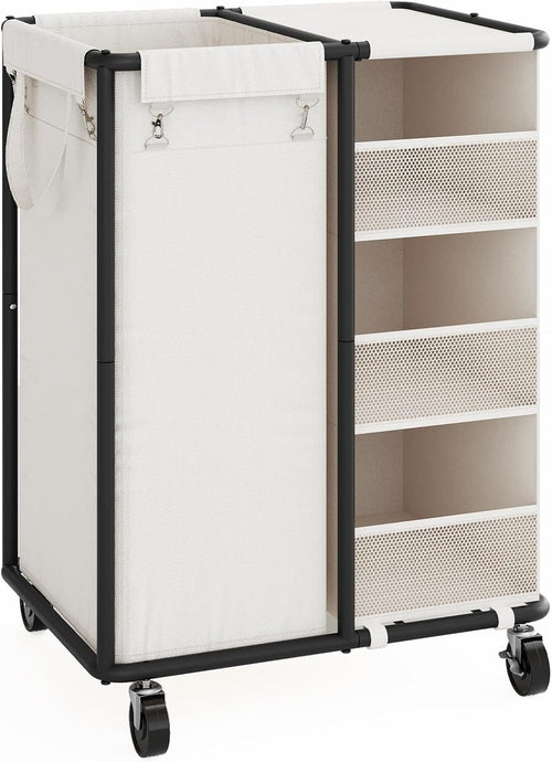 100L Rolling Laundry Sorter with Wheels Hanging Bag & Storage Shelves Beige