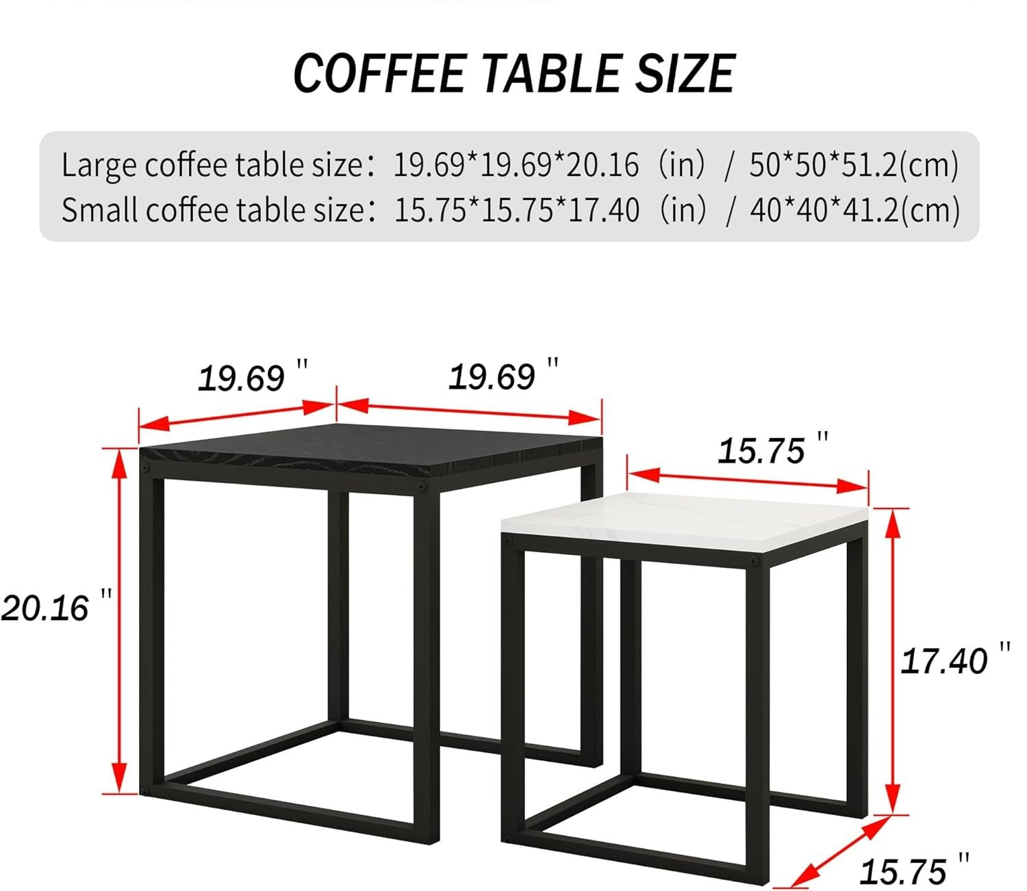 Nesting Coffee Table Set Modern 2PCS Black White Side End Tables Metal Wood