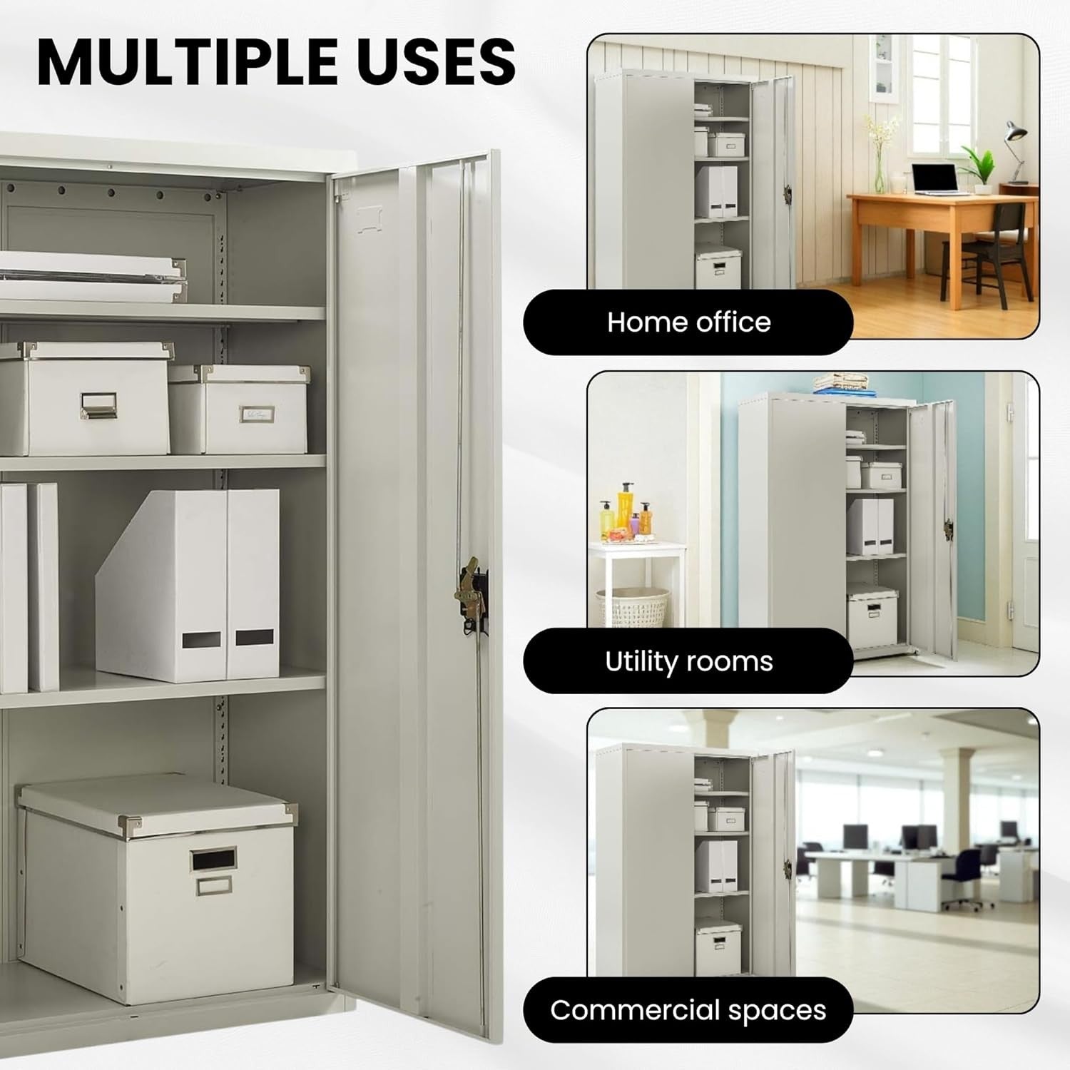 Tall Metal Storage Cabinet with Lockable Doors & Adjustable Shelves