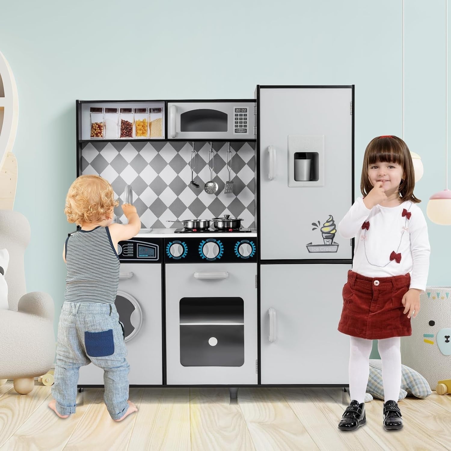 Large Wooden Kids Play Kitchen Grey Black Lights Sounds Toy Set