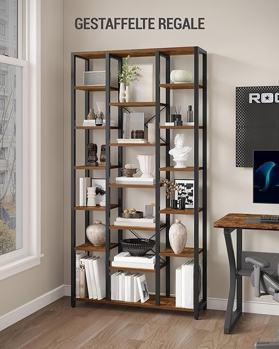 Tall 6 Tier Bookcase with 18 Shelves Storage Unit Rustic Brown Black 30x100x200