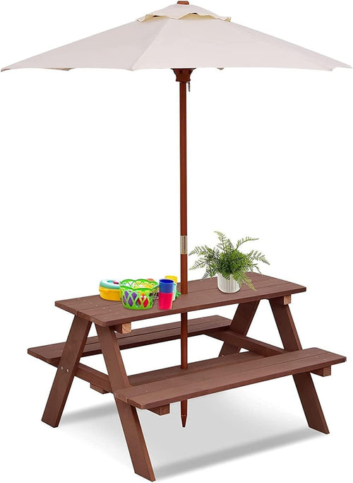 Kids Wooden Picnic Table with Removable Umbrella, Outdoor Bench Set