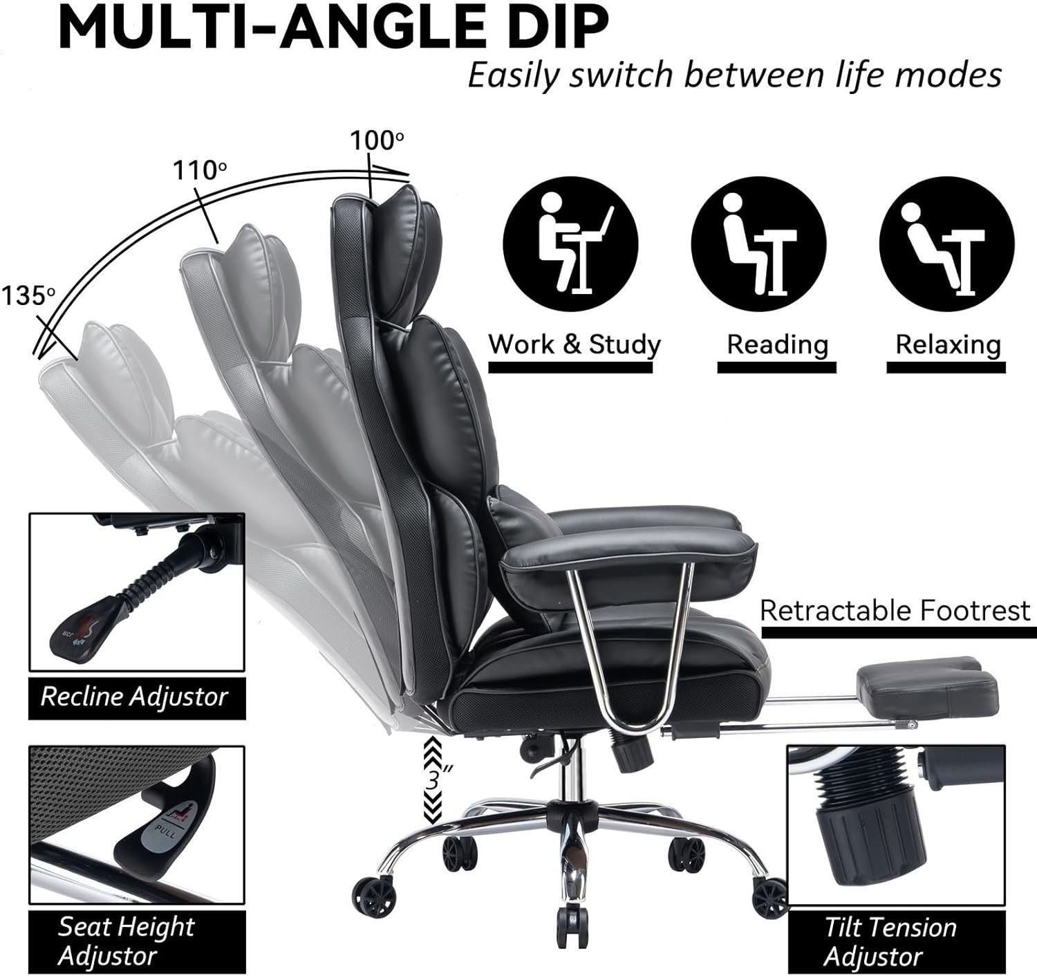 Executive Office Chair Big & Tall Faux Leather Desk Seat Lumbar Foot Rest UK Bla