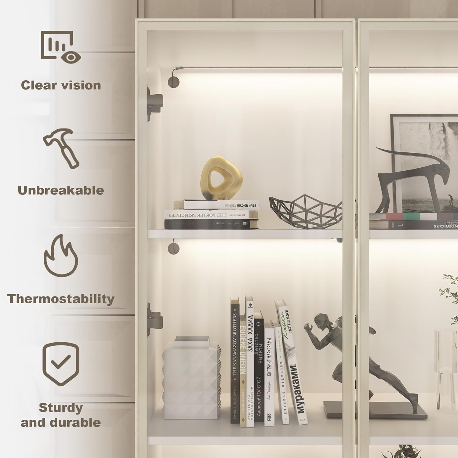 Glass Display Cabinet with LED Lights, 4 Shelves, Tall Storage Unit 160x80cm