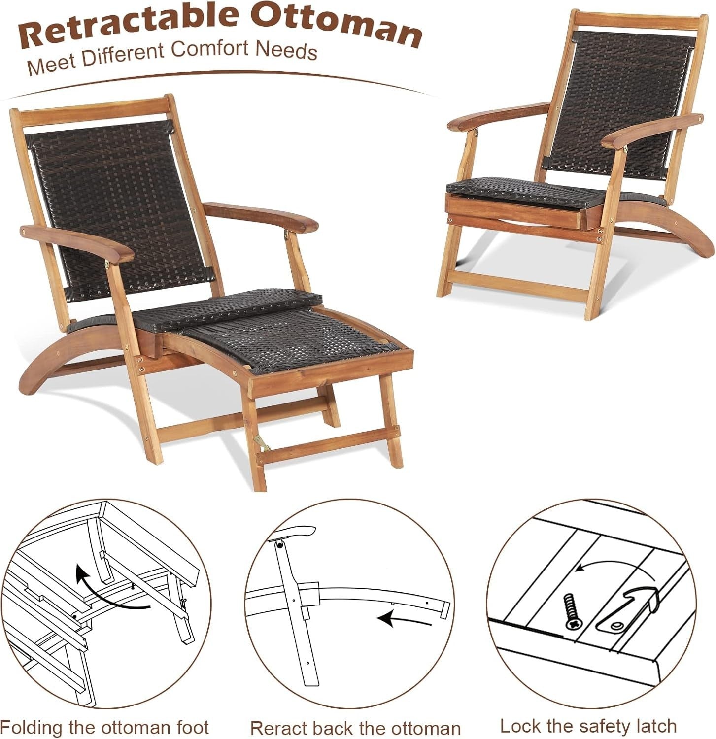 Outdoor Rattan Sun Lounger Recliner with Retractable Ottoman & Side Table