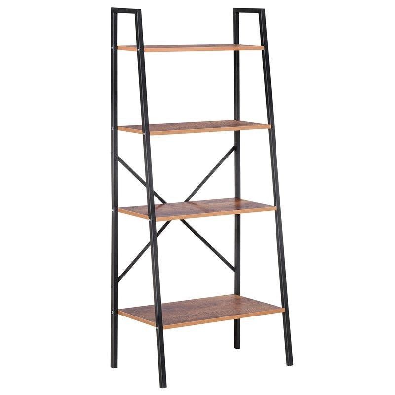 4-Tier Ladder Shelf Bookcase – Industrial Storage Rack in Black & Brown