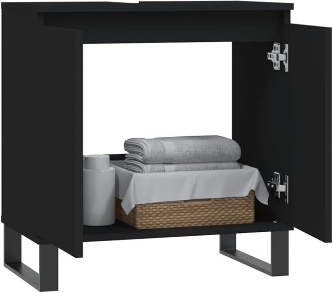 Black Under Sink Bathroom Cabinet 58cm Modern Vanity Unit with Doors & Metal Leg