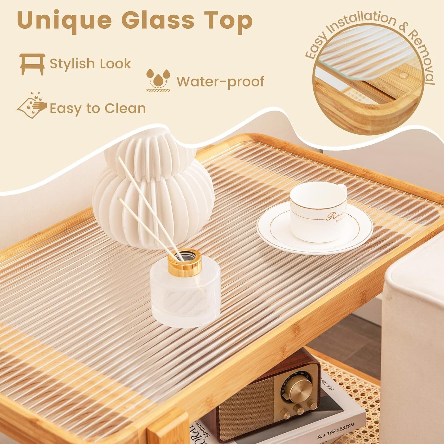 Modern Bamboo Side Table with Tempered Glass Top, 2-Tier Storage Shelf 70x44x55c
