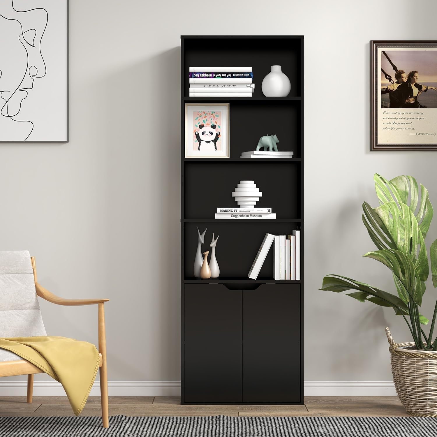 Tall 6 Tier Bookcase with Doors Modern Storage Cupboard Free Standing Shelves