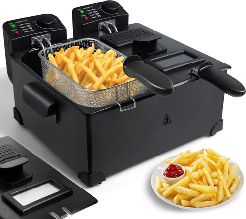 6L Dual Tank Deep Fat Fryer Stainless Steel Adjustable Temp Viewing Window