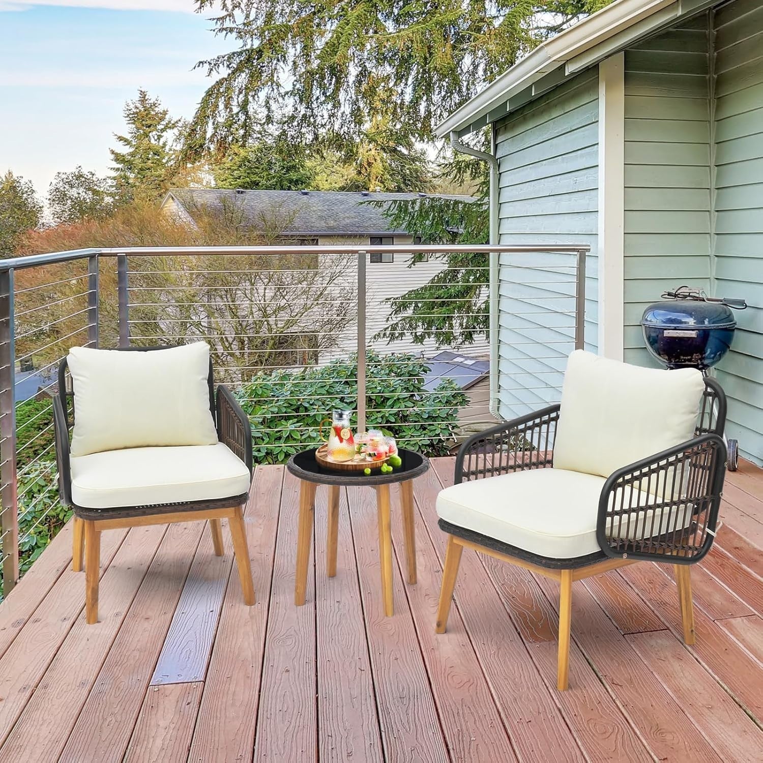 3PC Outdoor Rattan Bistro Set Cushioned Armchairs & Glass Coffee Table