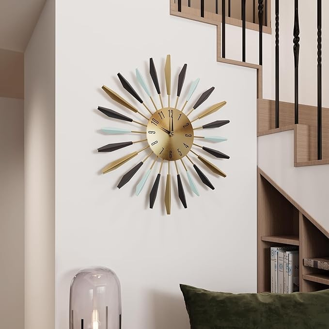 22" Mid Century Starburst Wall Clock Modern Silent Metal Large Home Decor