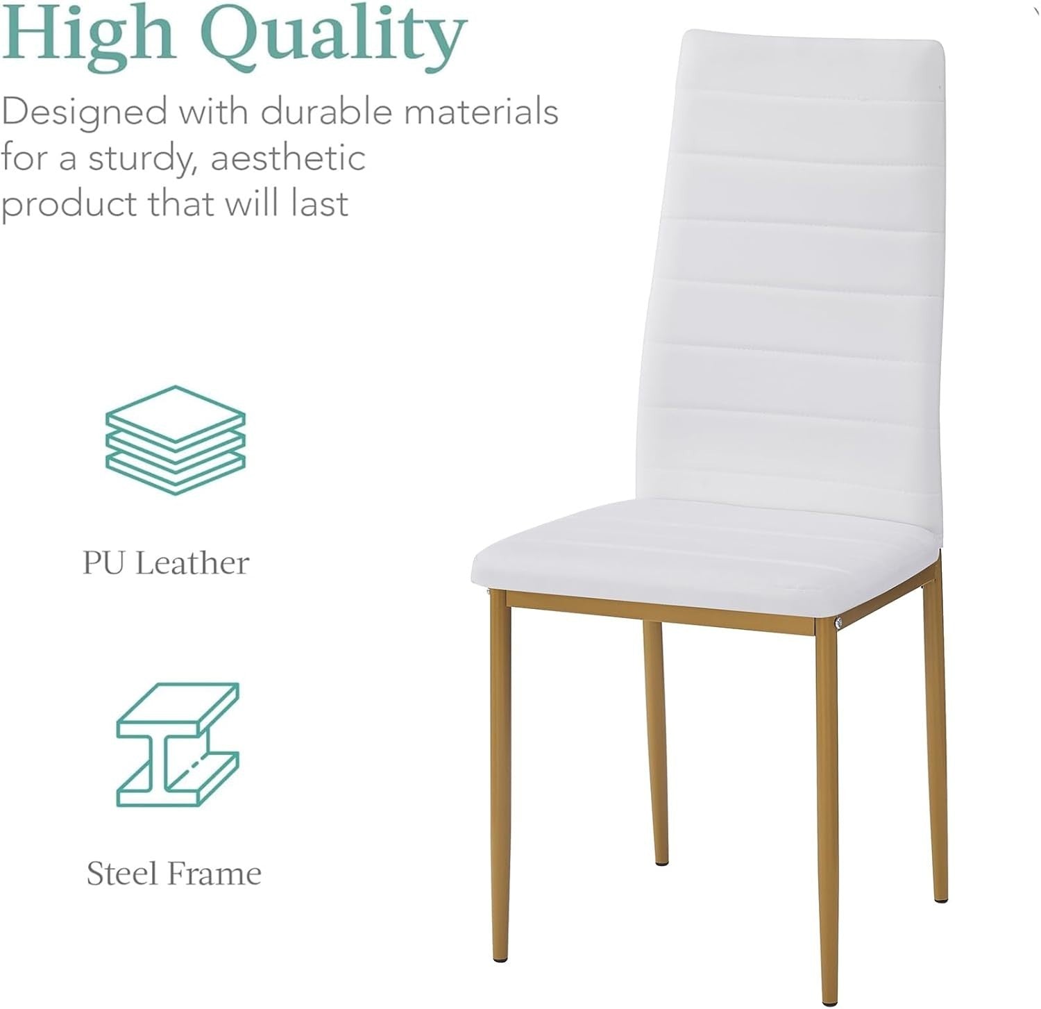 Gold Round Glass Dining Table Set 4 White PU Chairs Compact Design