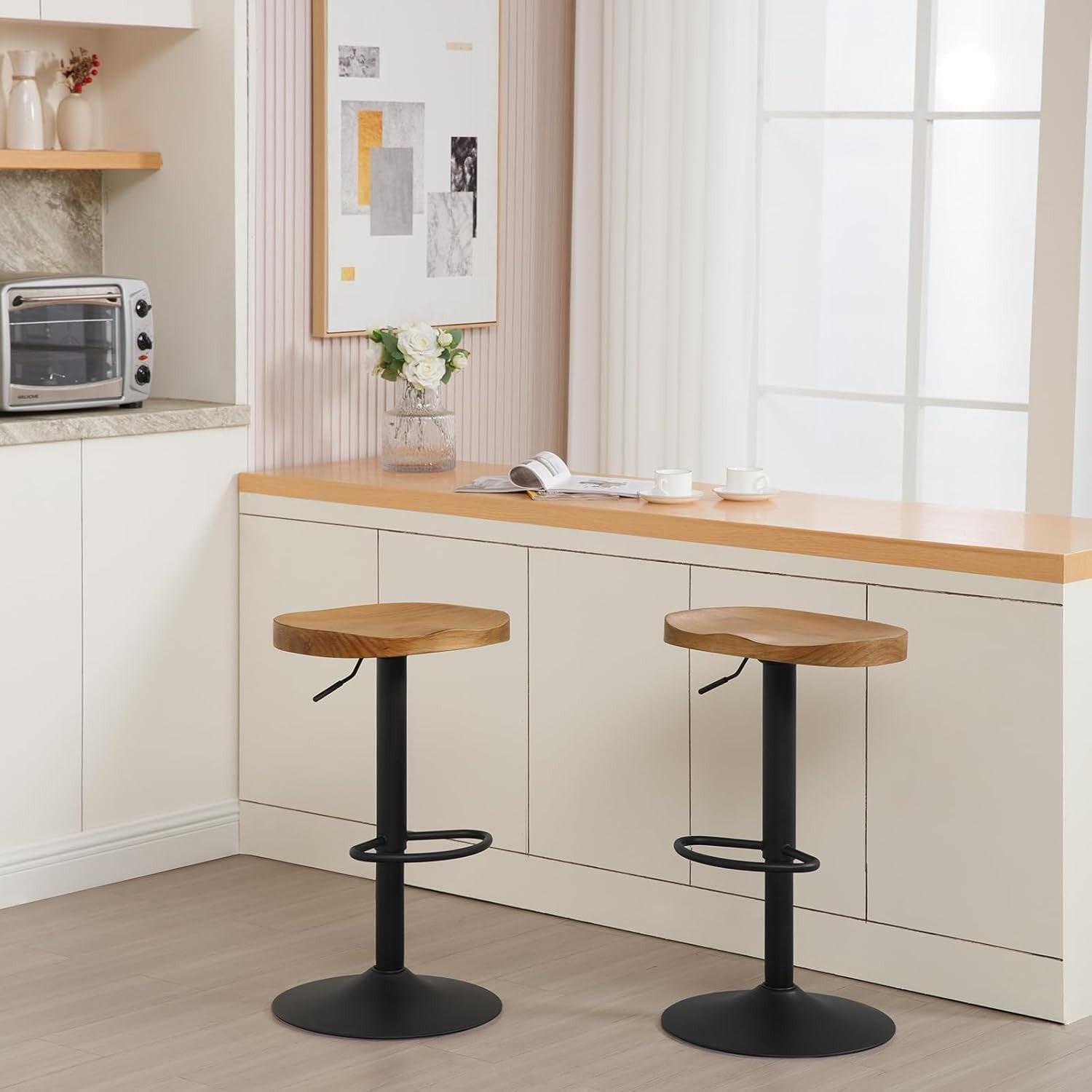 Set of 2 Dark Wood Effect Swivel Bar Stools Adjustable Height Saddle Seat