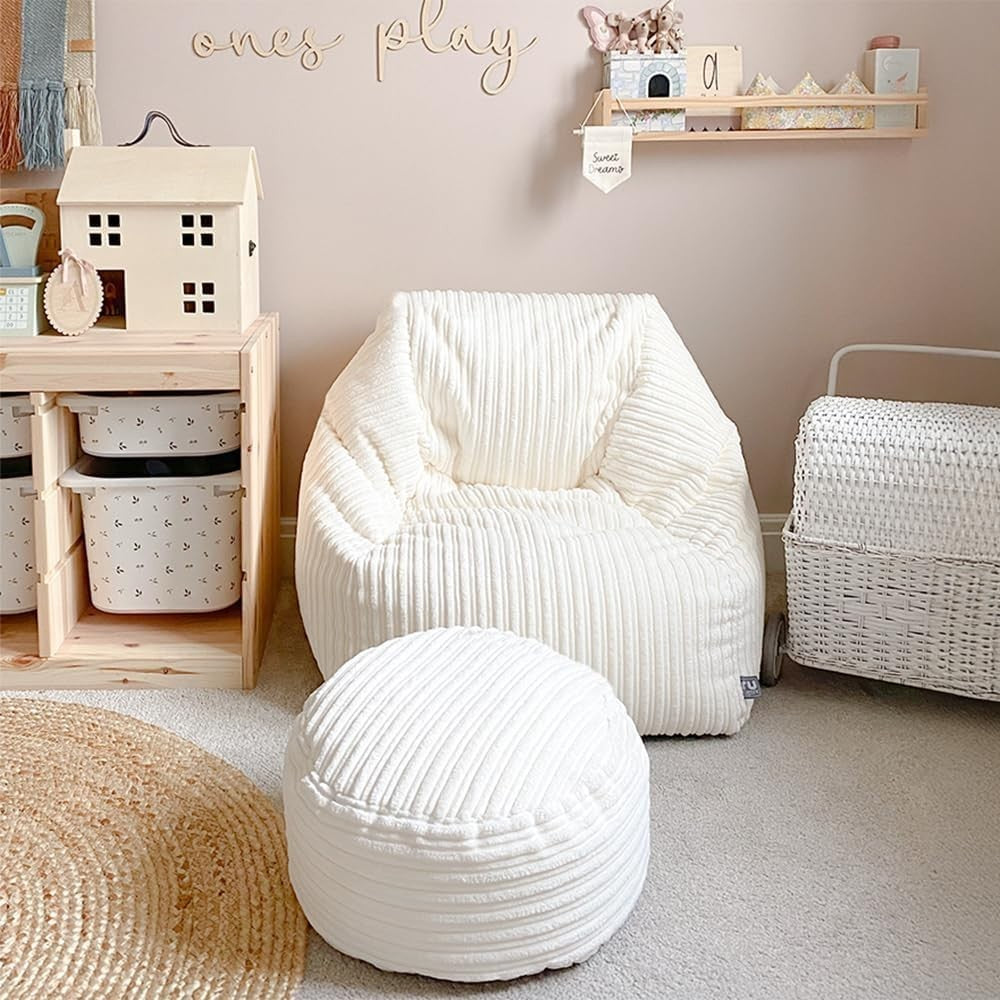 Kids Corduroy Bean Bag Chair & Footstool – Ivory, Washable, 70x80x60cm
