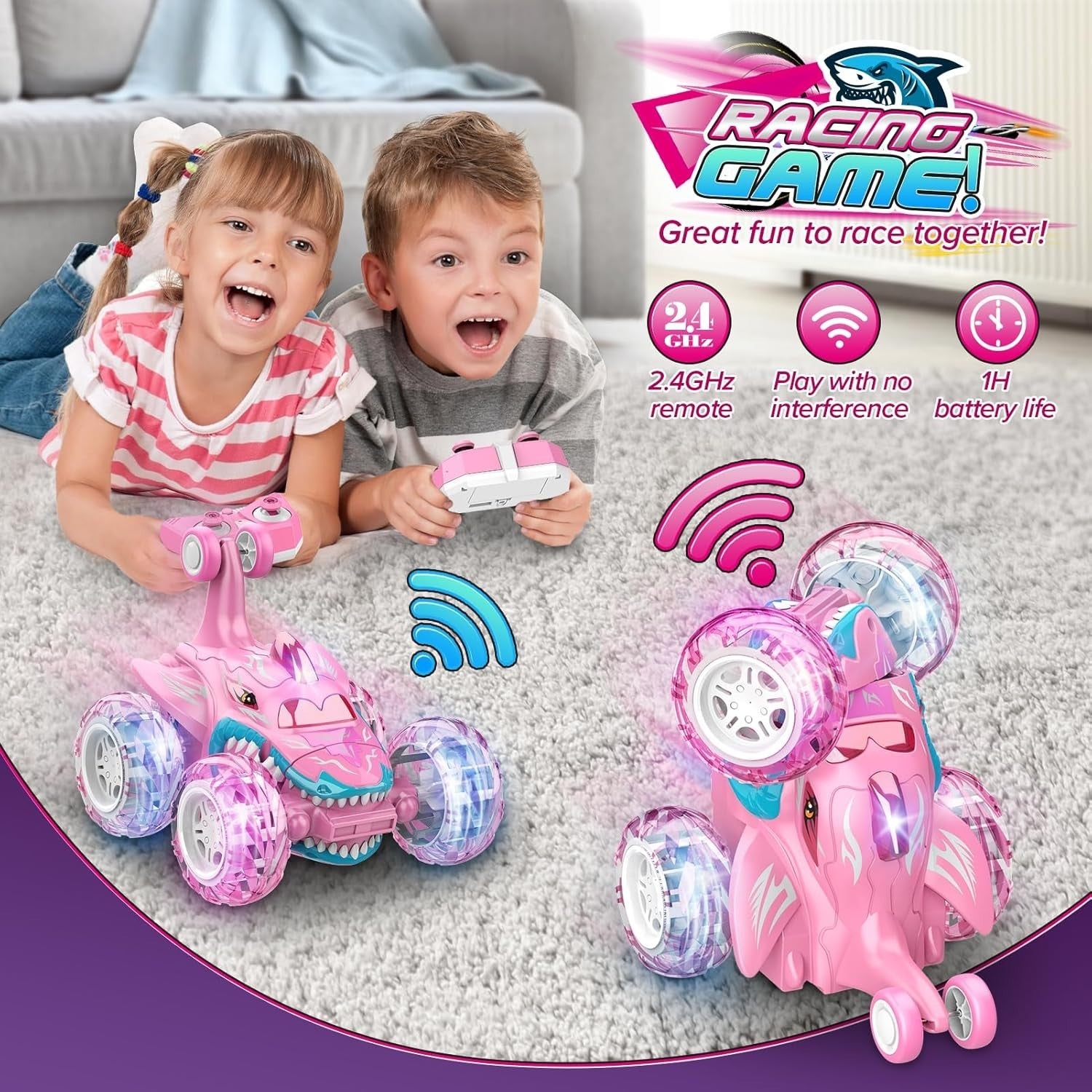 Girls RC Car 360° Flip LED Shark Toy Monster Truck Gift 5 6 7 8 Year Old Kids
