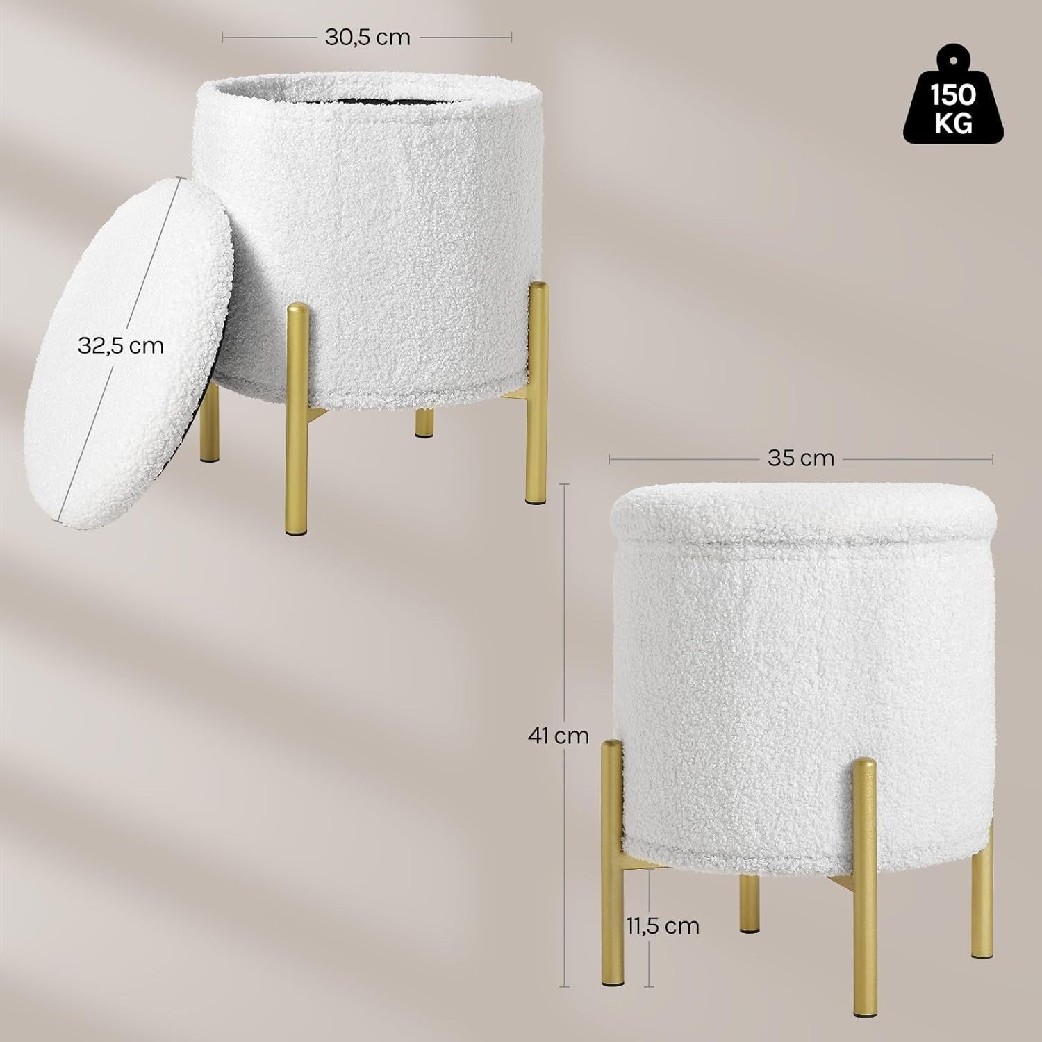 White Teddy Fleece Ottoman Stool with Storage Round Folding Seat 41cm