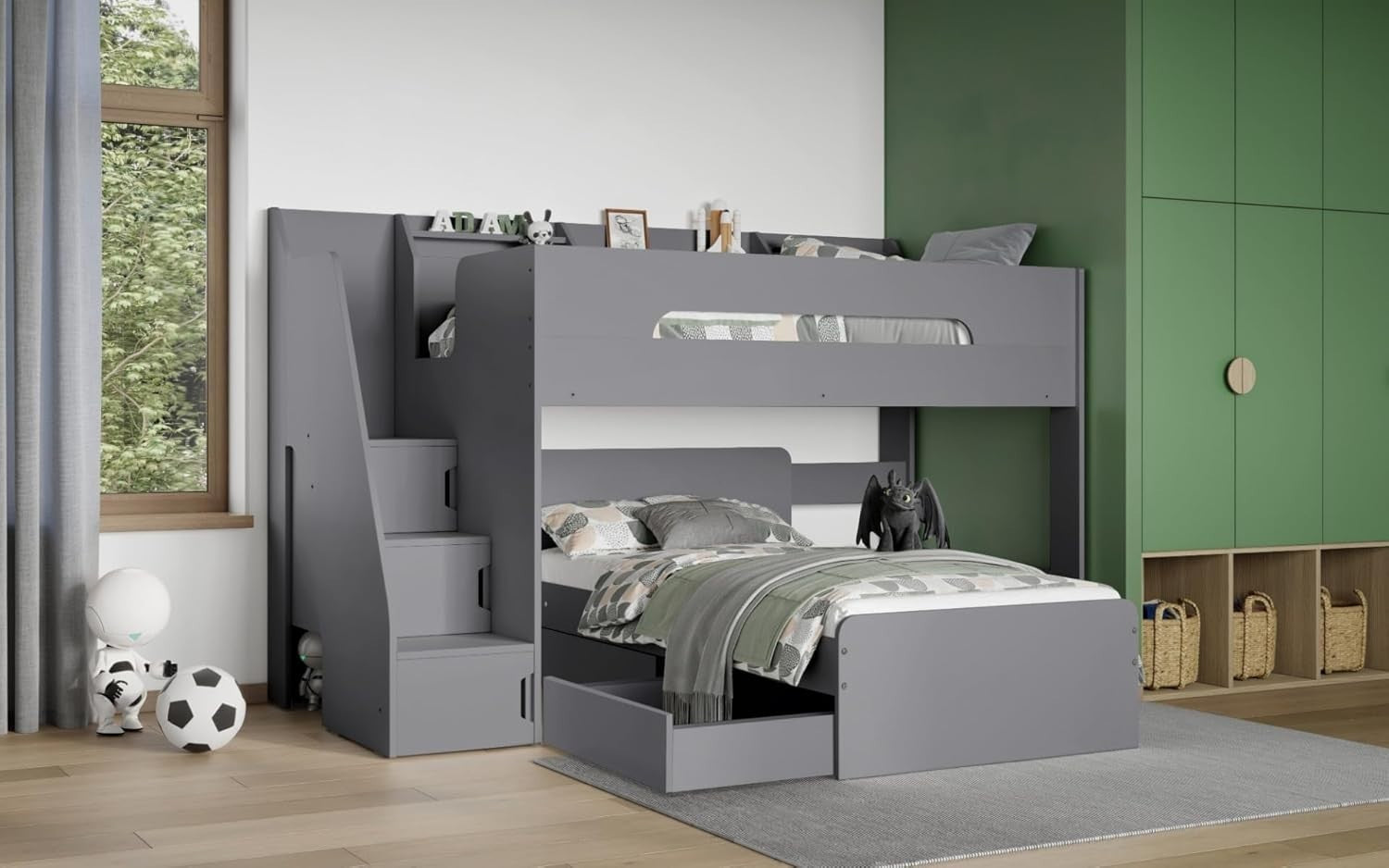 Grey Bunk Bed with Storage Stairs & Shelves for Kids Room Space Saving
