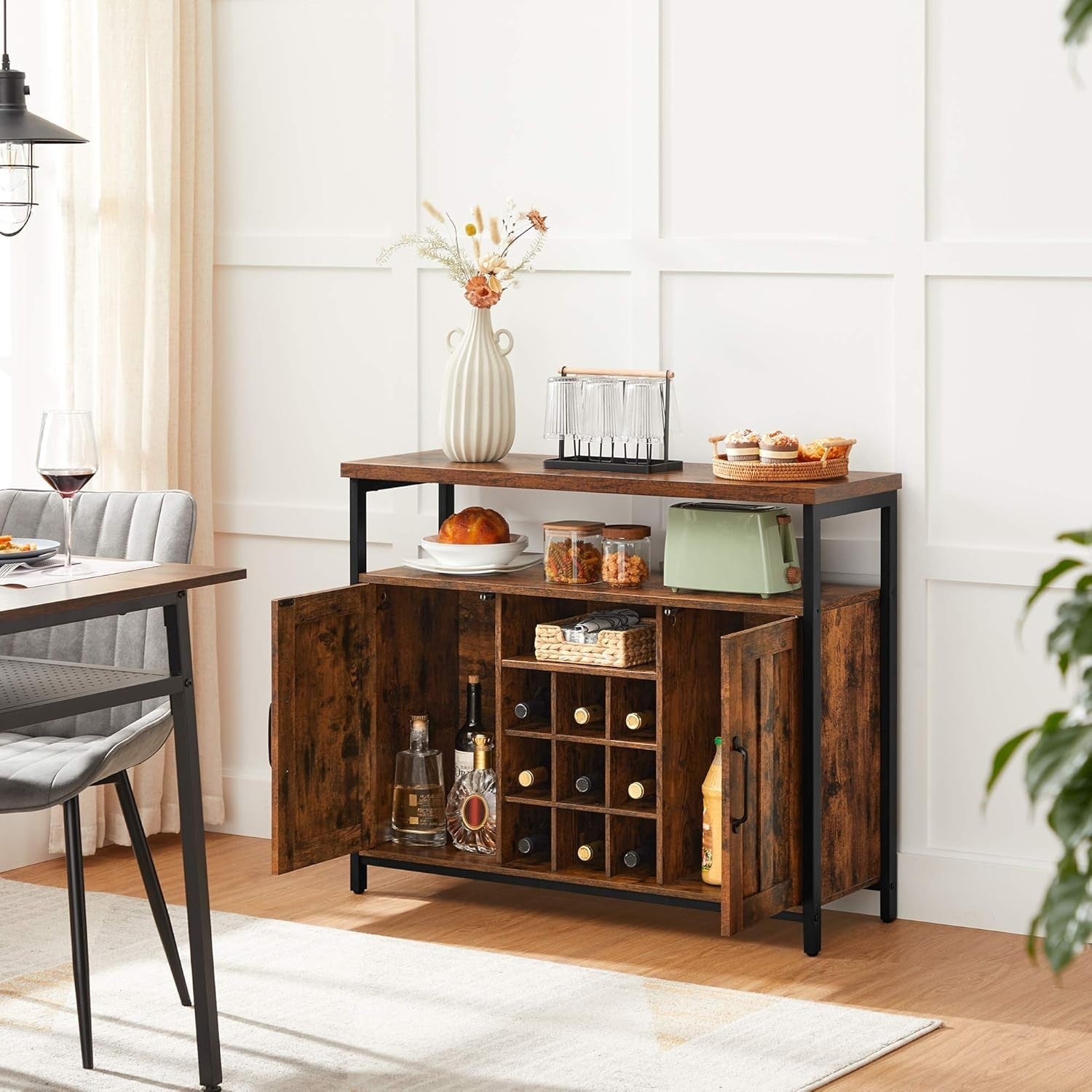 Rustic Sideboard Cabinet Wine Rack Buffet Table Storage for Kitchen Bar