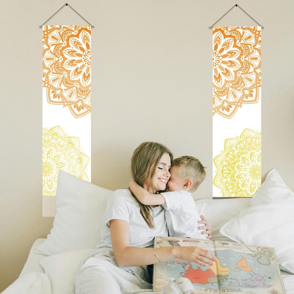 Boho Mandala Wall Tapestry 2pcs 45.7x13in Orange Gold Decor