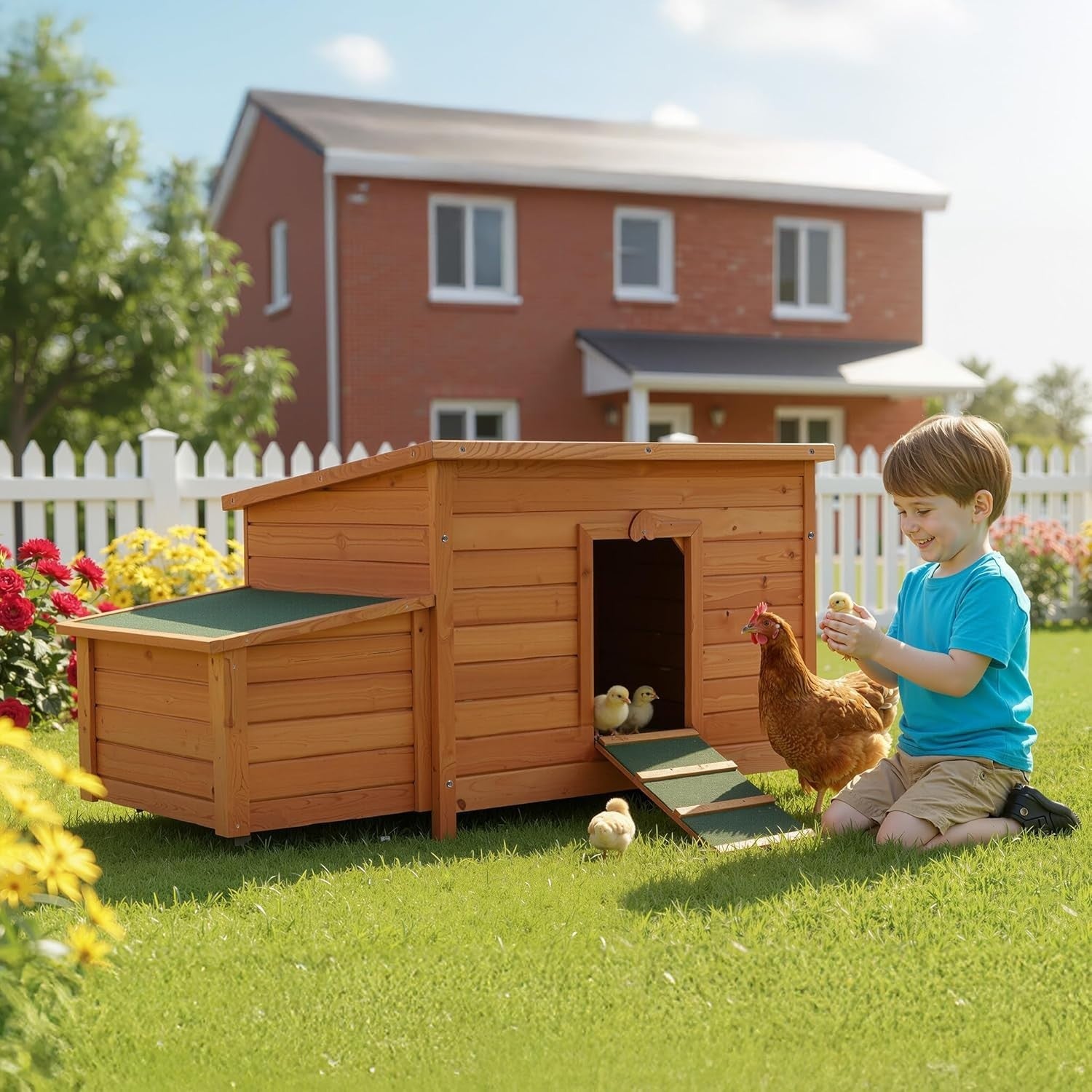 Wooden Chicken Coop with Nesting Box & Slide-Out Tray 136x74x70cm