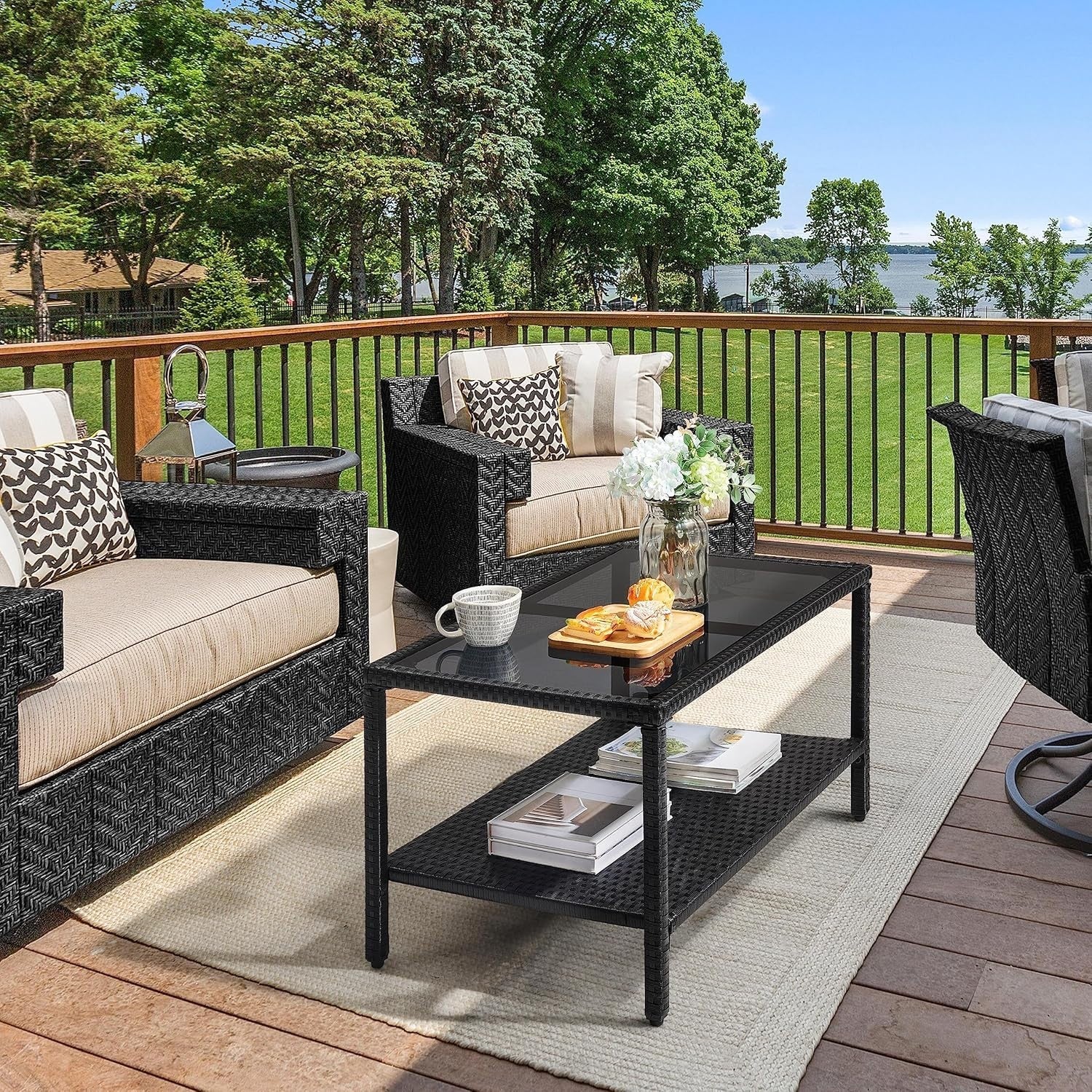 Outdoor Rattan Coffee Table with Glass Top & Storage Shelf – Black Patio Table
