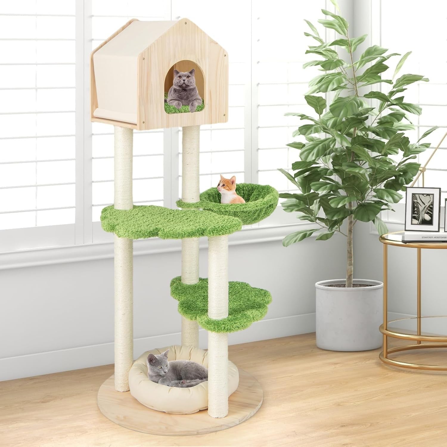 Modern Wooden Cat Tree Tower House Bed Sisal Posts Multi Level Indoor