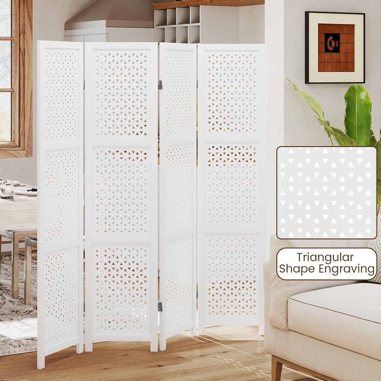 4 Panel White Carved Wood Room Divider Decorative Privacy Screen 170cm High