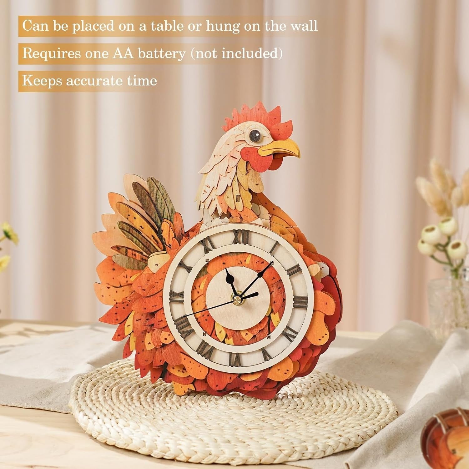 3D Wooden Cackling Wall Clock Puzzle, Precision Craft, Fun Home Decor