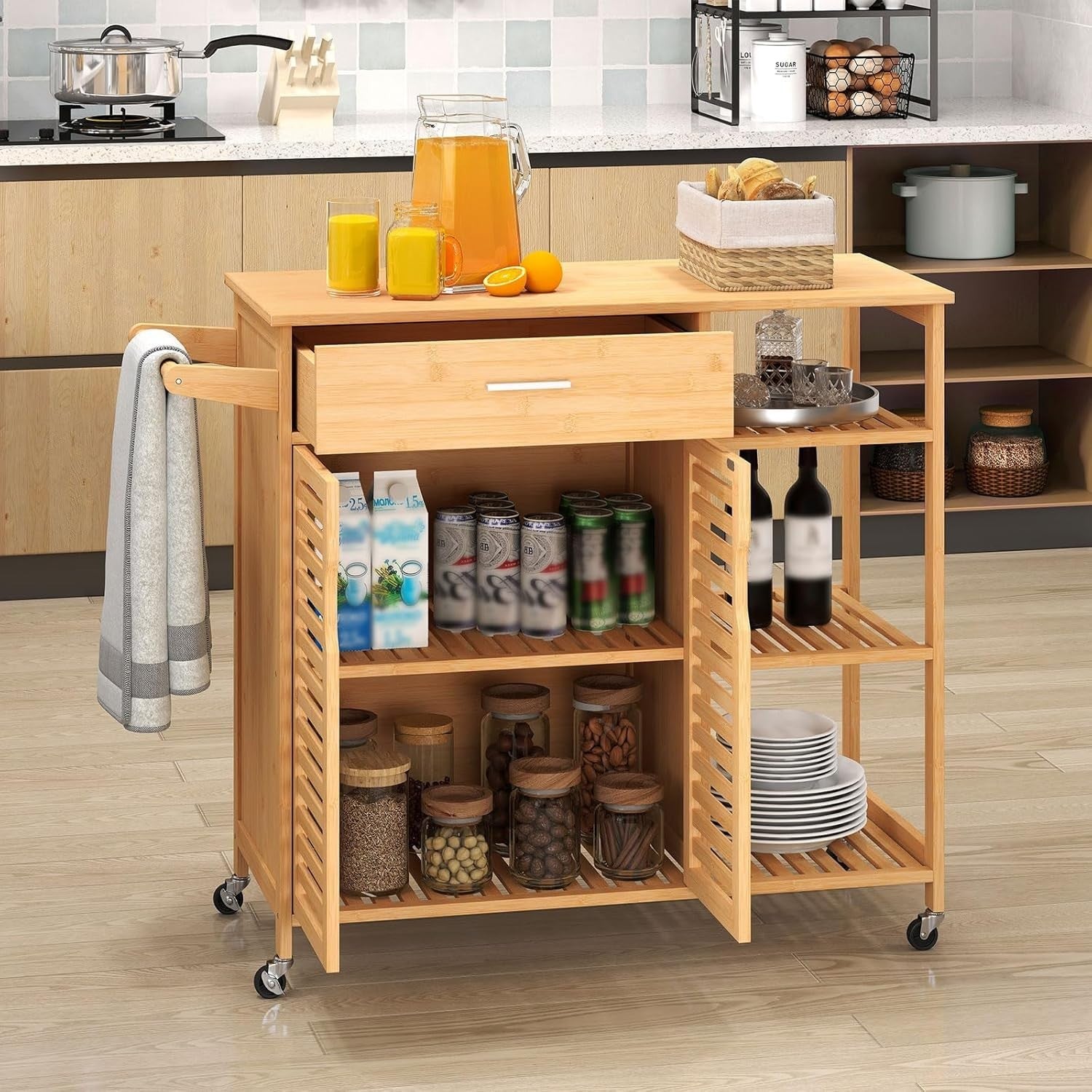 Bamboo Rolling Kitchen Island Cart 104cm Storage Cabinet