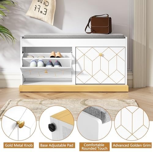 White Shoe Storage Bench with Cushion & Flip-Drawer for Hallway Entryway