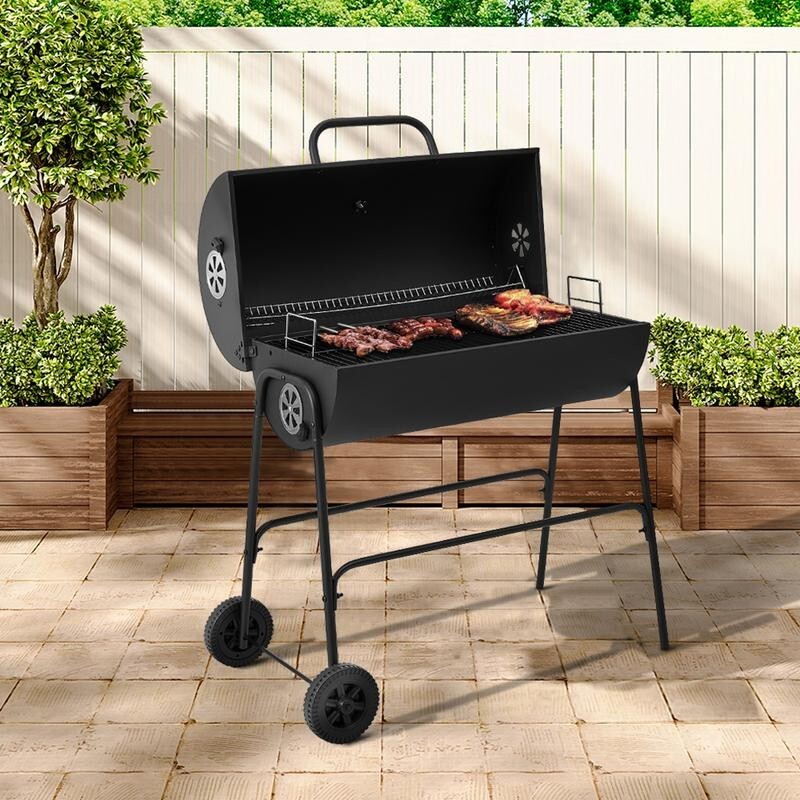 Charcoal BBQ Grill Outdoor Garden Cooker with Wheels & Thermometer
