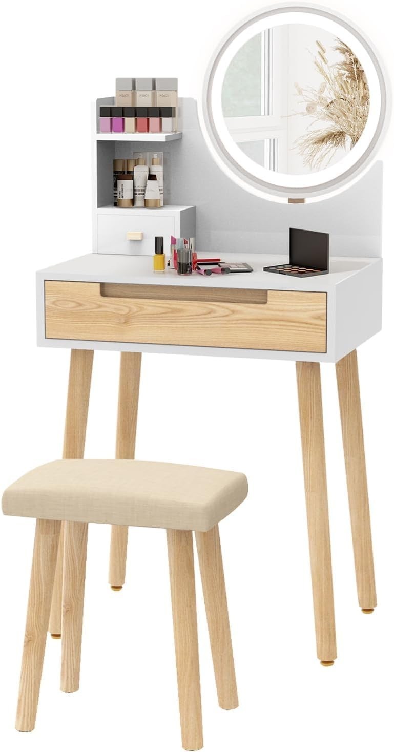 Small Space Vanity Desk Dressing Table Mirror 3-Light Modes Drawer Stool Wood