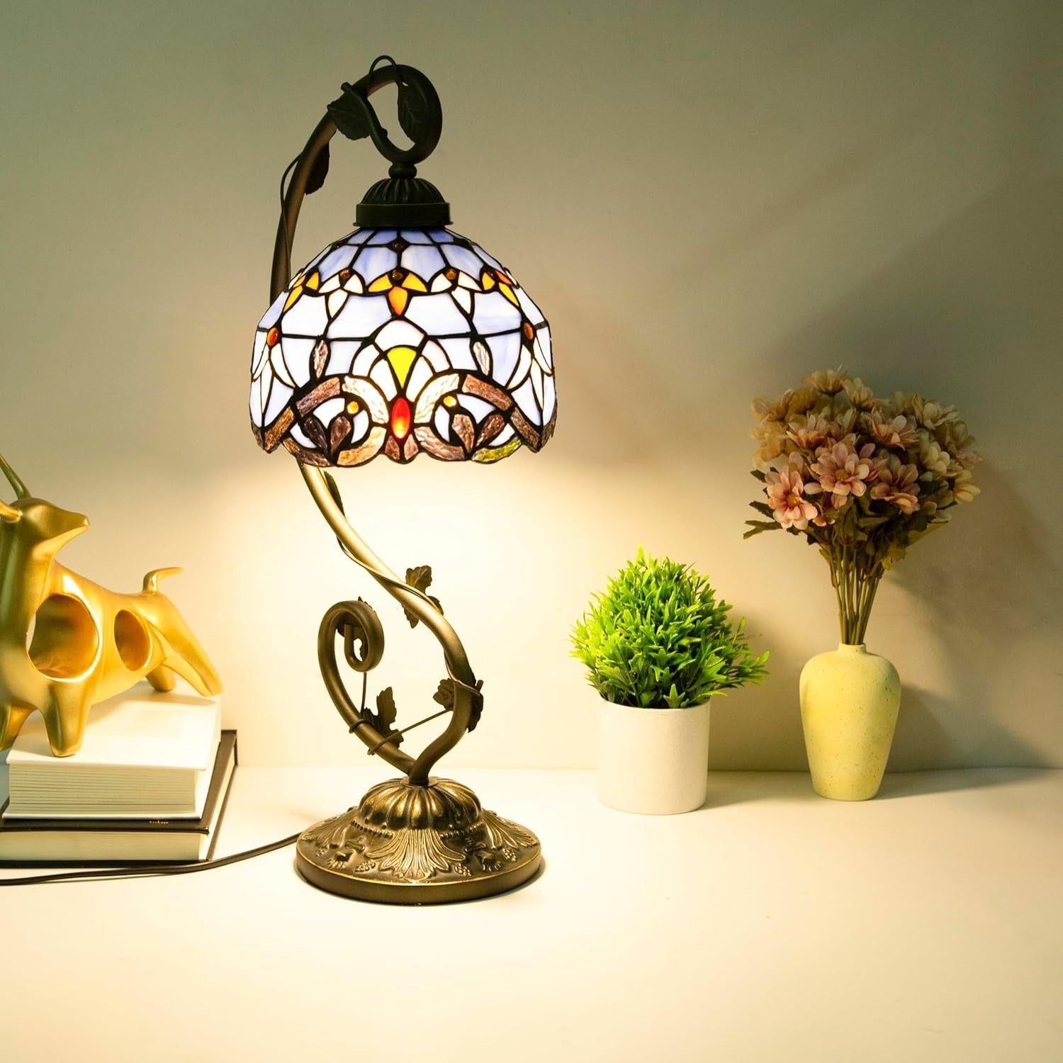 Stained Glass Desk Lamp Remote Dimming 3 Color Temp 11x11 Inch