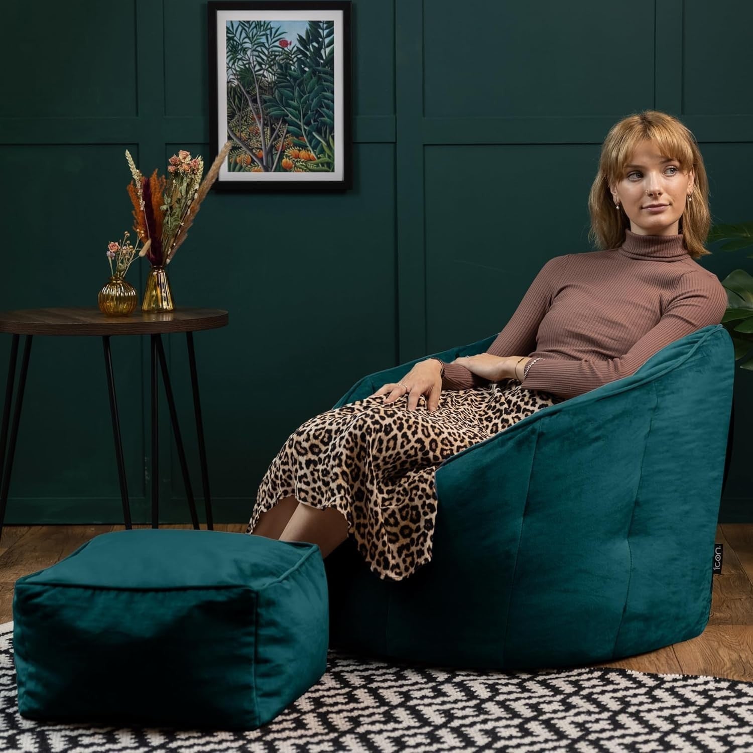 Teal Velvet Bean Bag Chair & Footstool Set Adult Lounge Sofa Seat