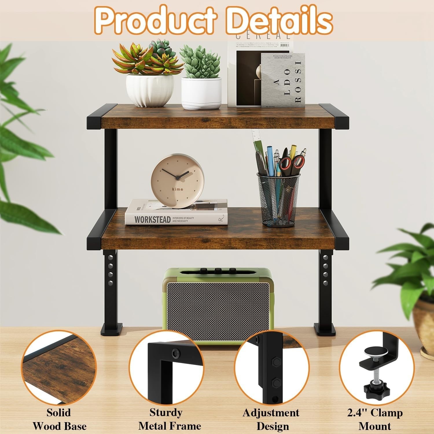 Clamp-On Desk Organizer Shelf 2-Tier Adjustable Storage Rack Rustic Brown 33cm