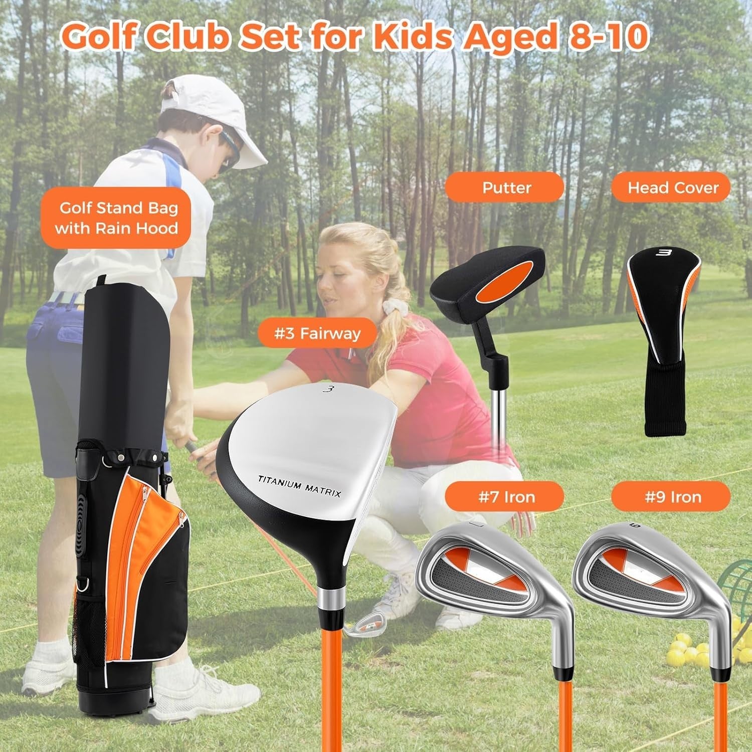 Junior Golf Club Set Age 8–10 Right Hand Fairway Irons Putter Stand Bag