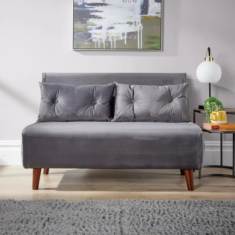 Grey Velvet Double Sofa Bed Chair with Pillows Folding Guest Sleeper