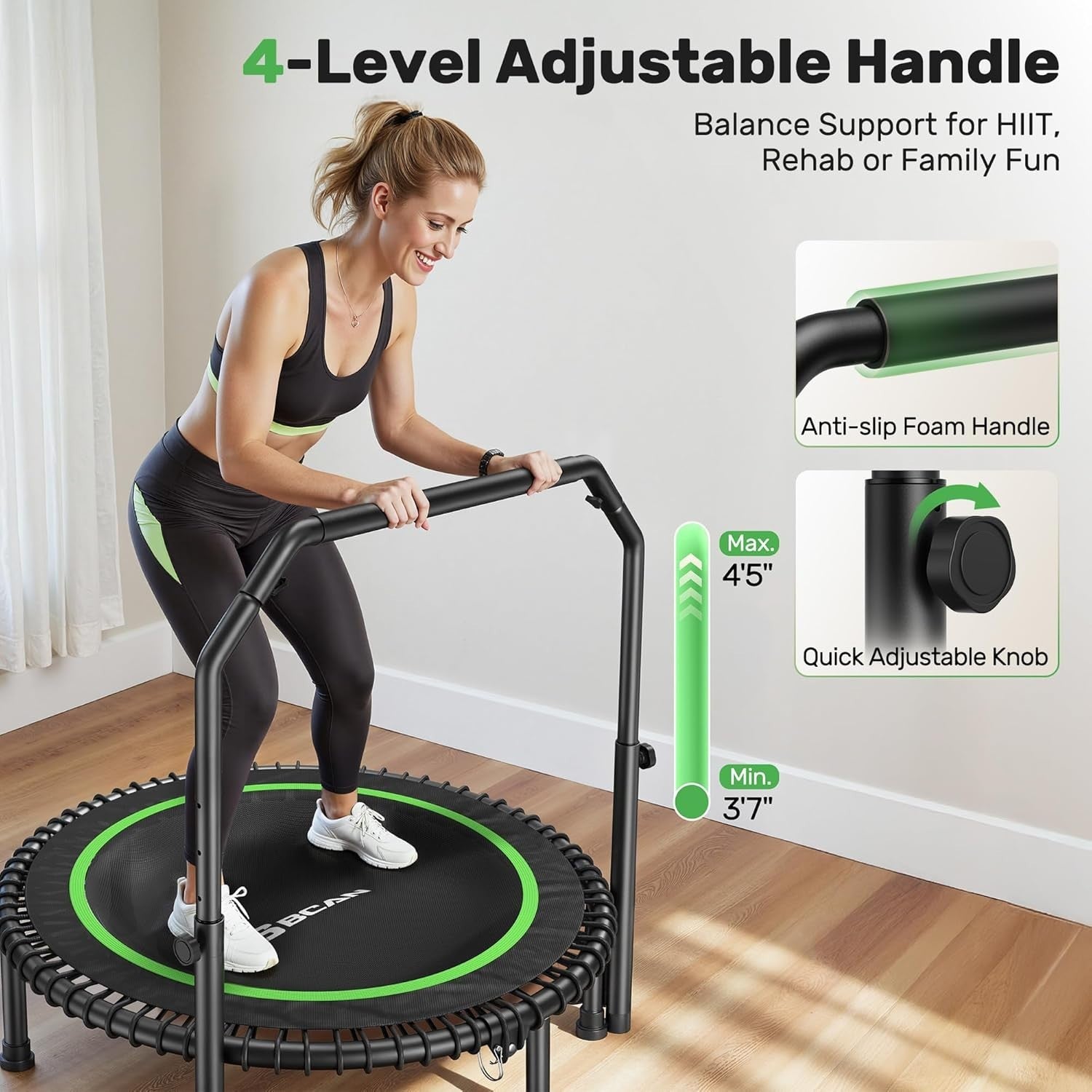 Heavy Duty Foldable Rebounder Trampoline Quiet Bungee Handle 204KG