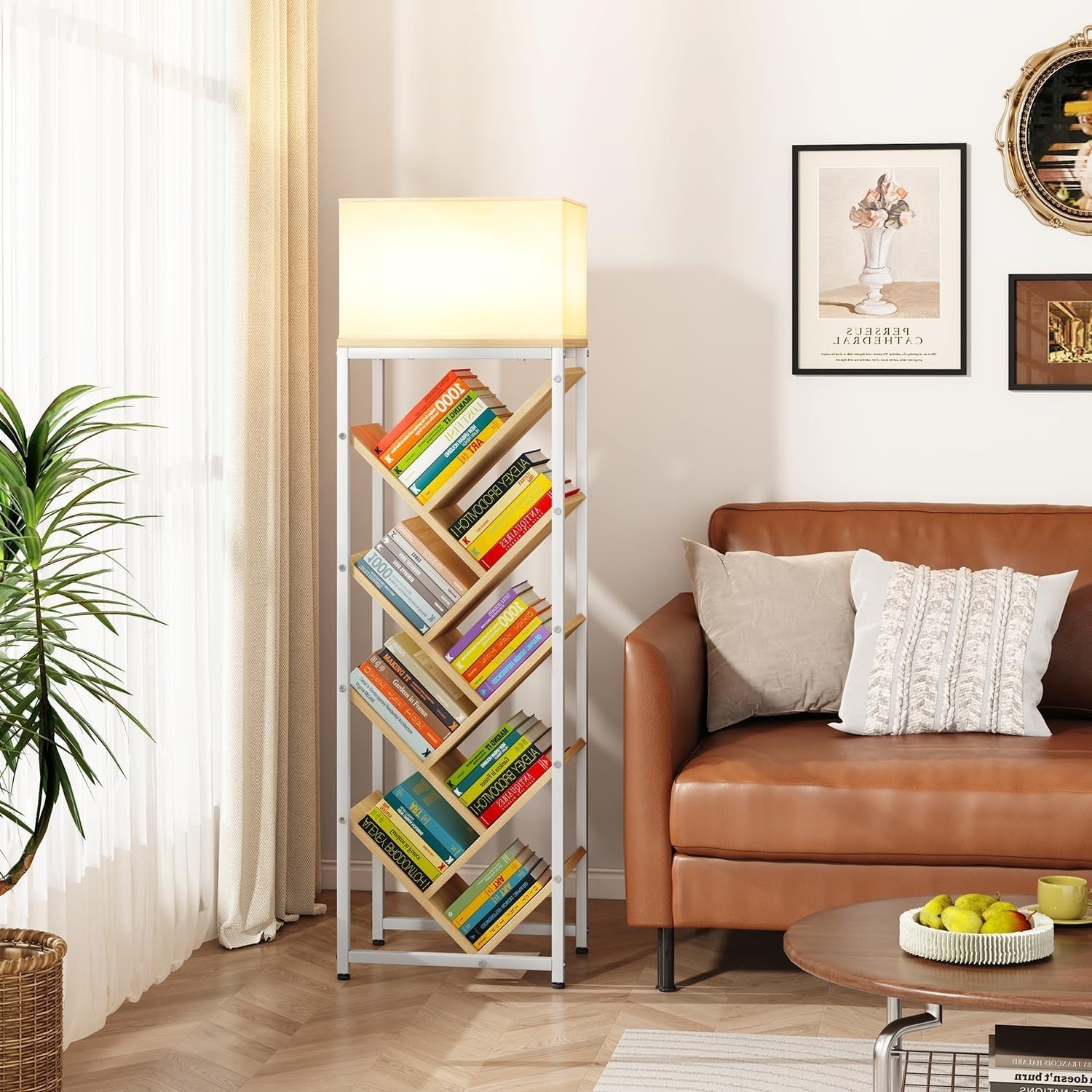 9-Tier Tree Bookshelf Wooden Floor Standing Corner Bookcase Narrow Space