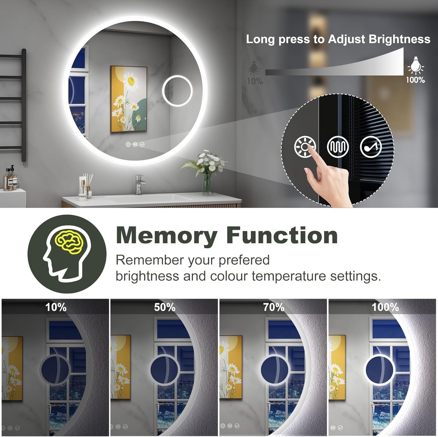 Bluetooth LED Bathroom Mirror 60x60cm with 5x Magnifier & Anti-Fog