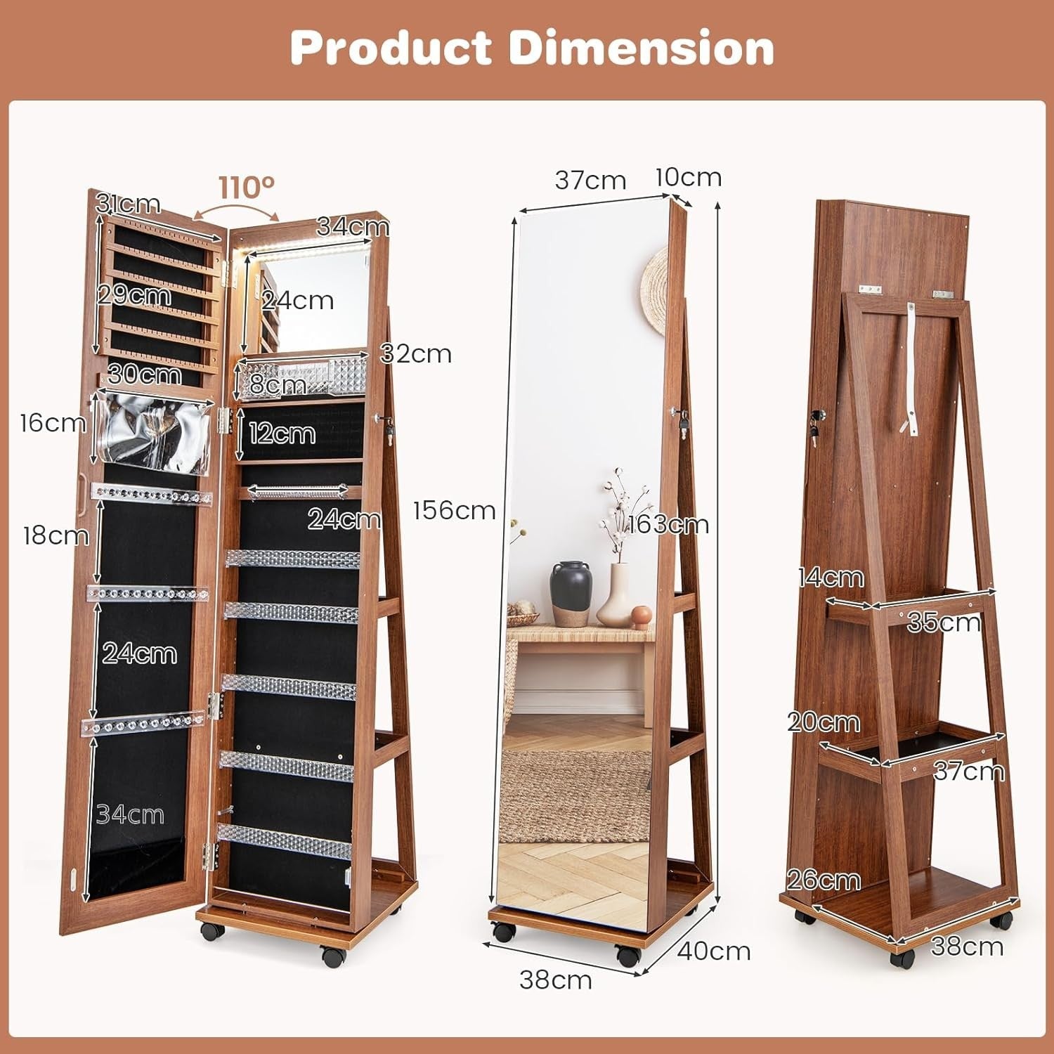 Brown Swivel Jewelry Cabinet LED Mirror Lockable Storage with Wheels