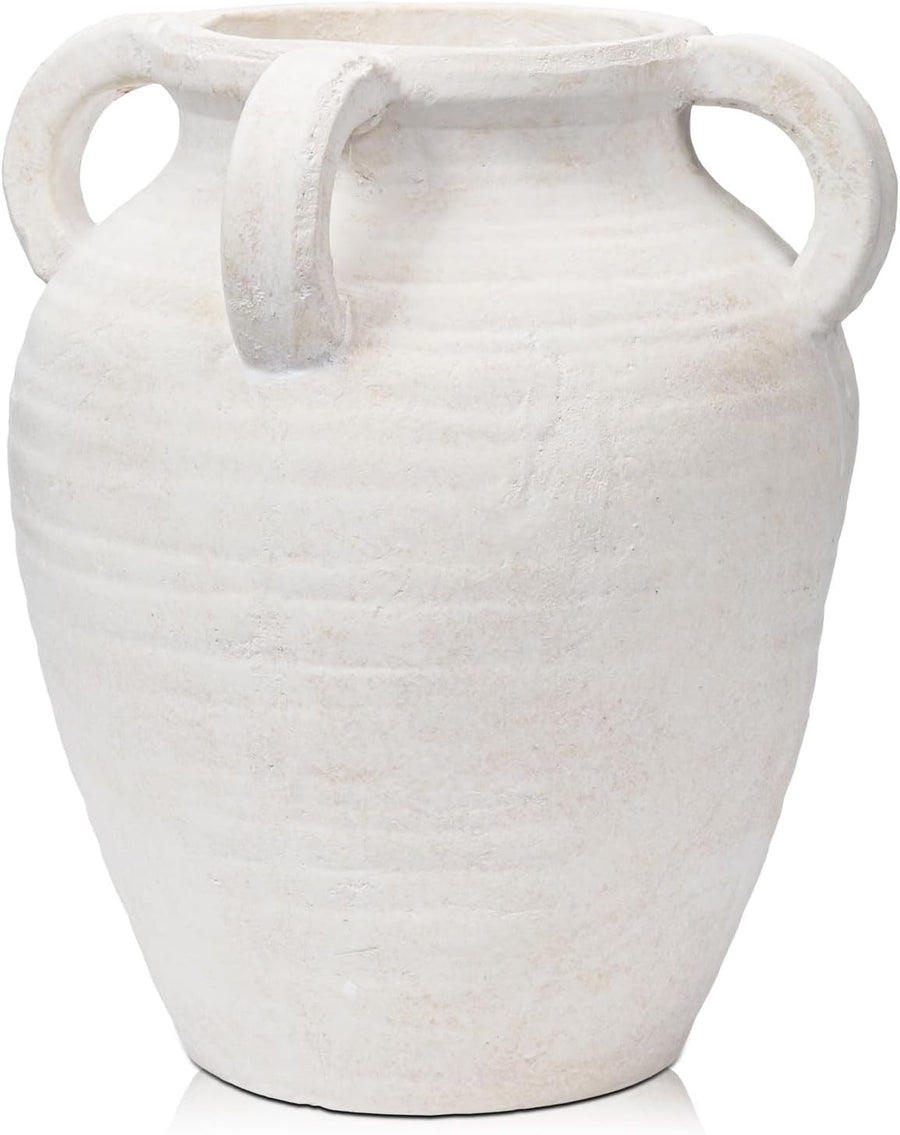 Cream Terracotta Vase 25cm Tall Handmade Vintage Ceramic with Handles