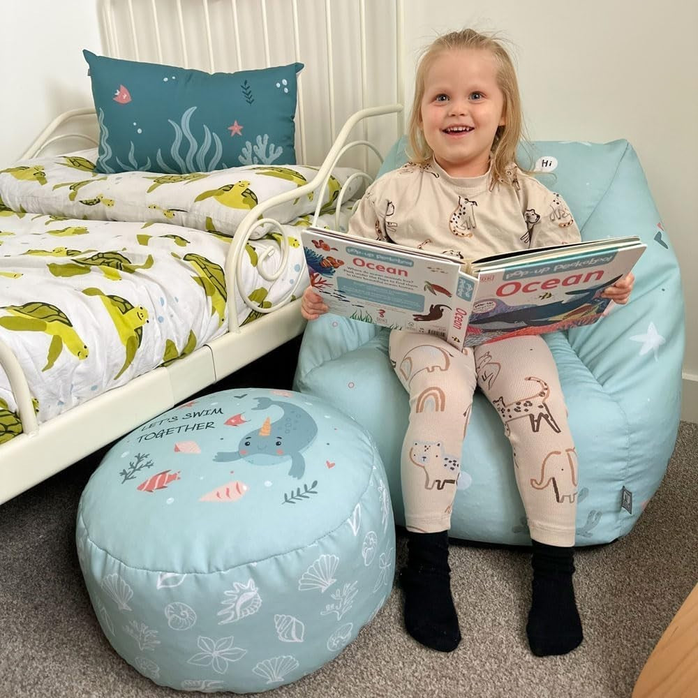 Kids Sea Themed Bean Bag Chair - Toddler Armchair Seat w/ Filling