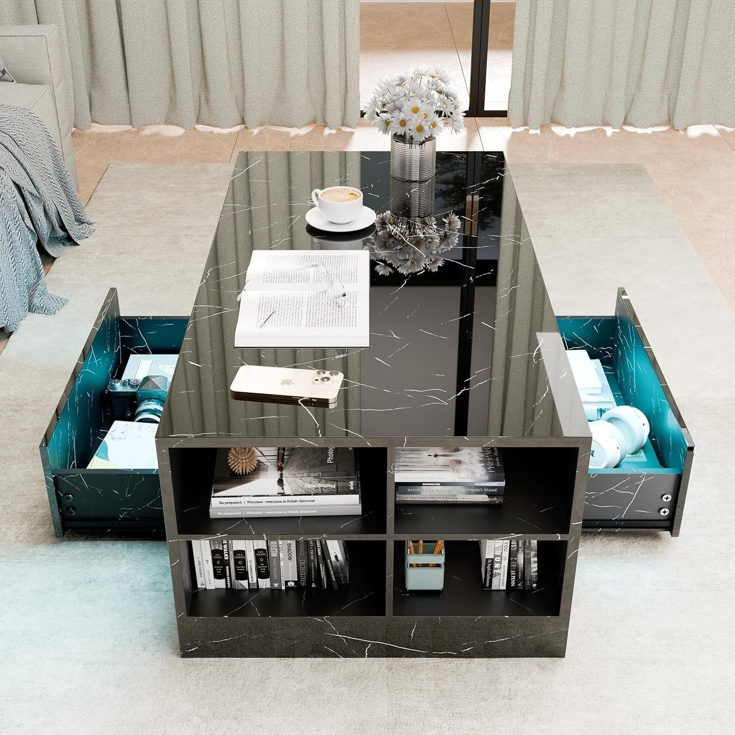Blisswood LED Coffee Table with 2 Drawers, High Gloss Black Marble & RGB Lights
