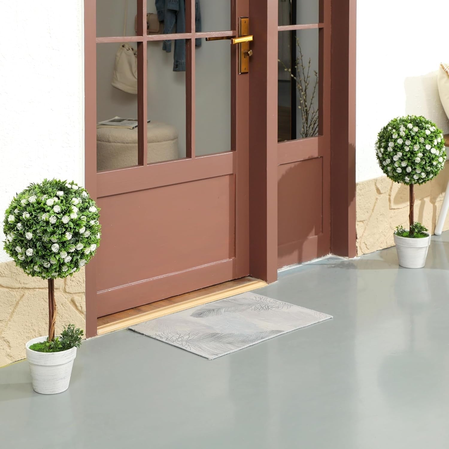 60cm Artificial Rose Ball Topiary Trees Set of 2 in White Pot Home Garden Decor