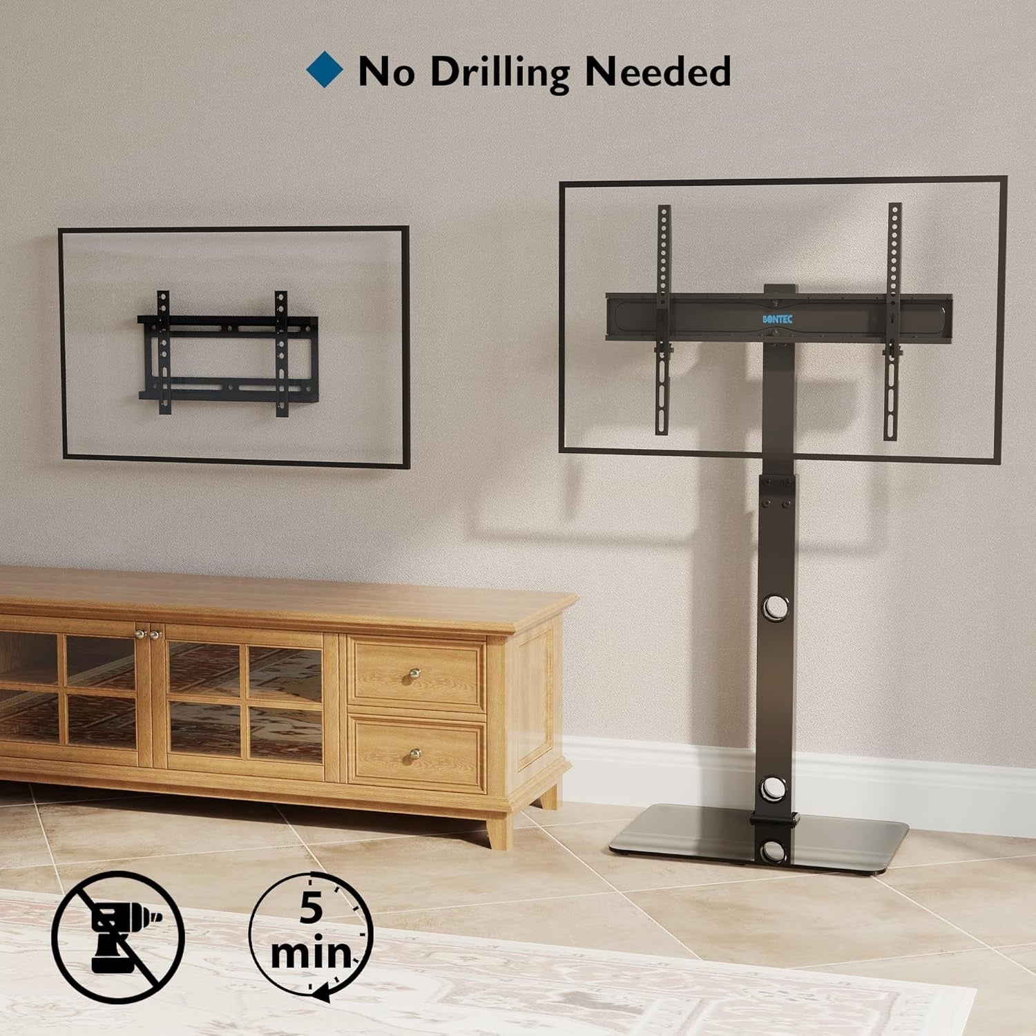 Adjustable Swivel TV Floor Stand 30-70" TVs, Tempered Glass Shelf, 40kg